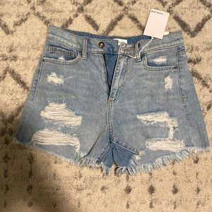 High rise destroyed denim mom shorts